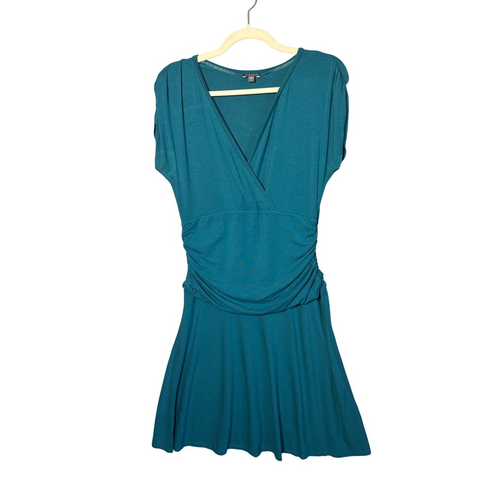 Lilla P Womens Wrap Dress L Teal Ruched V-Neck Pima Cotton Modal Minimalist READ